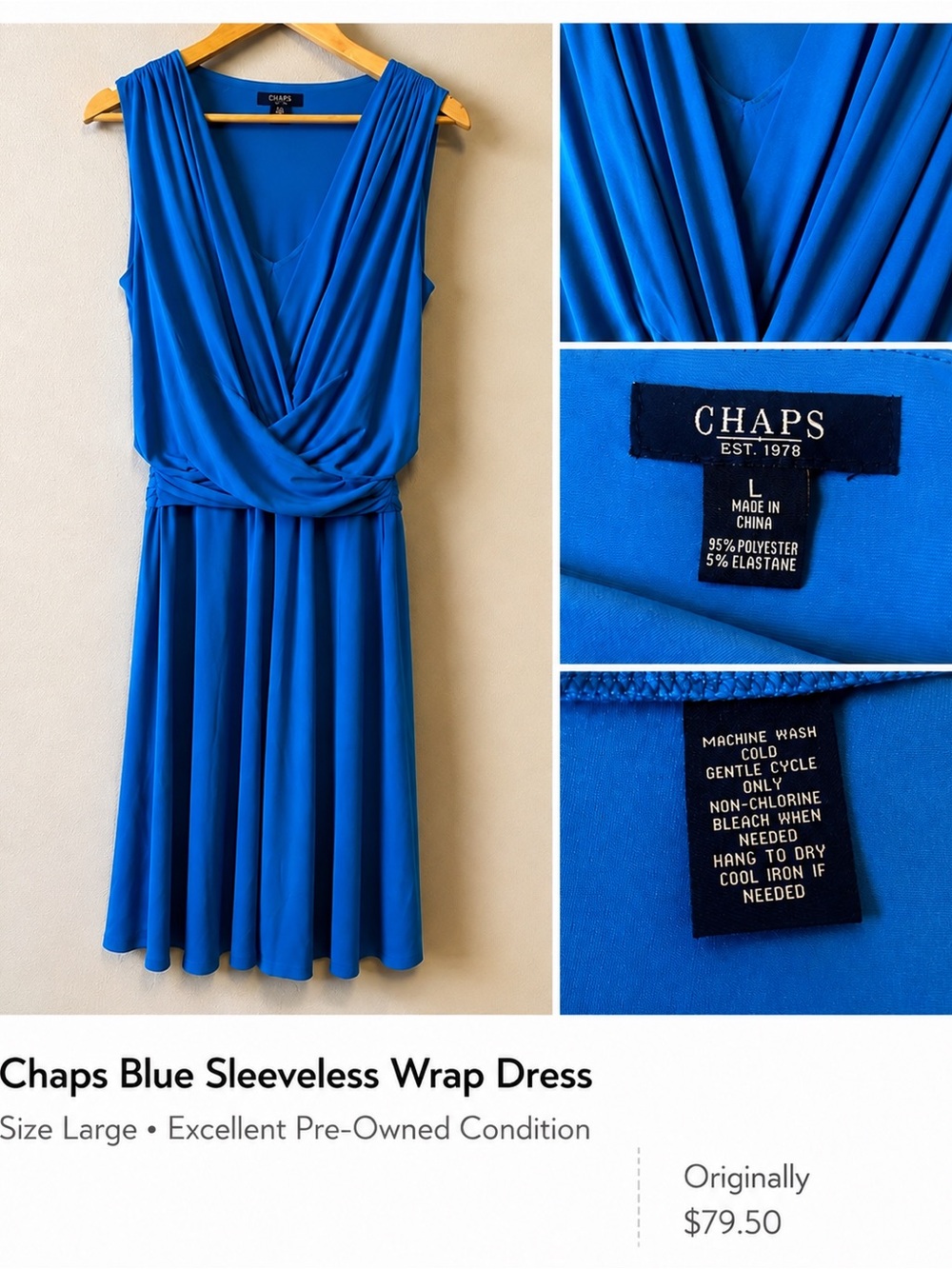 Chaps Blue Draped Faux Wrap Dress – Size Large